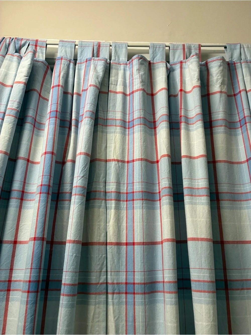 4 panels Pottery Barn Kids Light Blue Plaid Curtain with Red and Navy Stripes